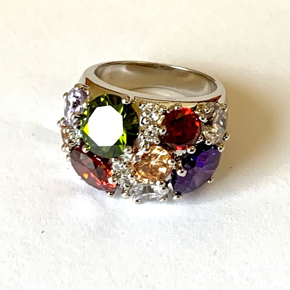Nataliya V. Collister Rainbow Cubic Zirconia Ring Size 8 Silver Tone - Picture 4 of 12